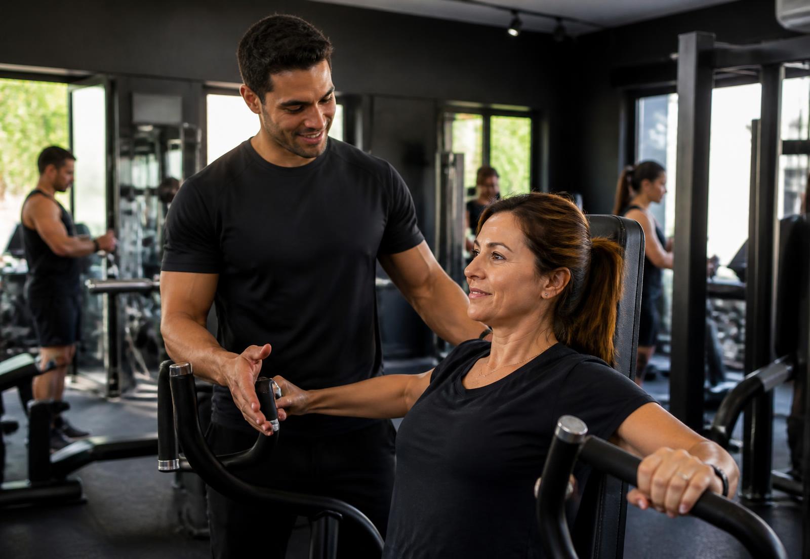Instrutor da academia orientando uma aluna durante o treino de musculação